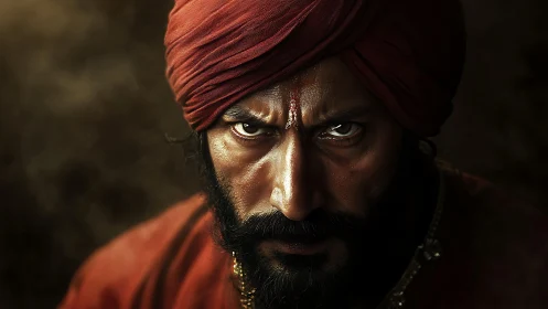 Intense bearded man in red turban under dramatic light.