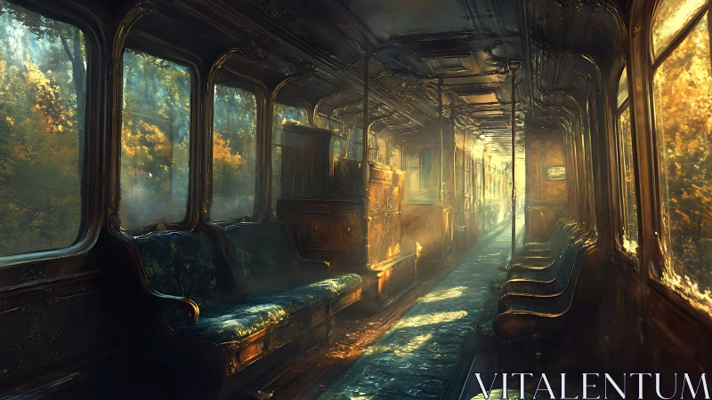 Sunlit vintage train carriage with empty worn seats.