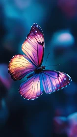 Iridescent butterfly glows in luminous teal and magenta dusk.