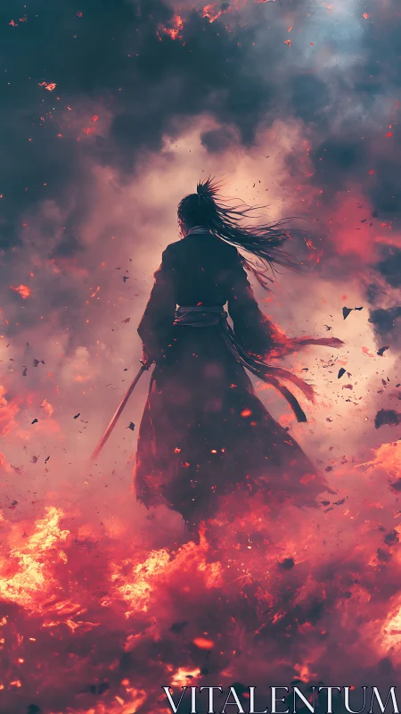 Samurai silhouette standing amid dense rising flames and smoke.