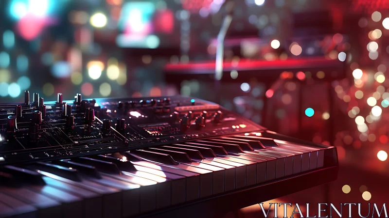 Colorful synth keys glowing softly in a dreamy city haze.