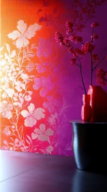 Floral gradient wall meets red vases on dark sculpted table