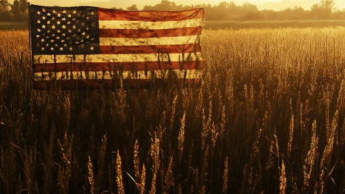American flag glowing gently above a golden wheat field.