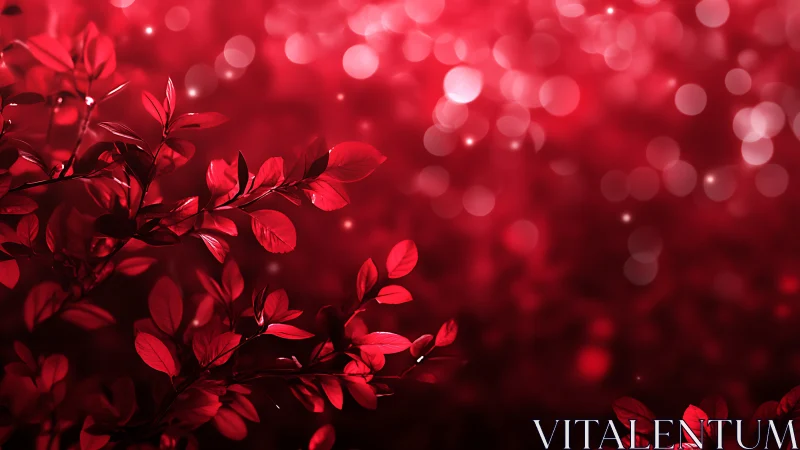 Crimson foliage silhouette over glowing red bokeh field.