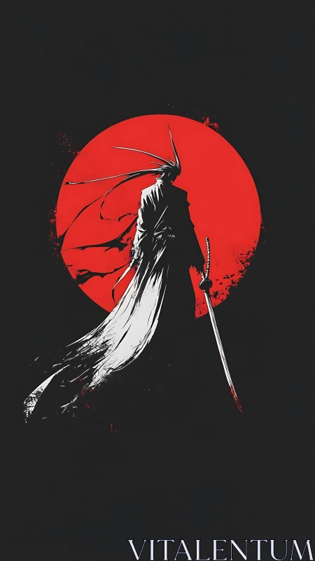 Lone samurai silhouette wandering beneath a blood red moon.