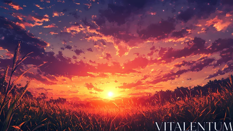 Golden sunset sky glows softly above a peaceful wild meadow