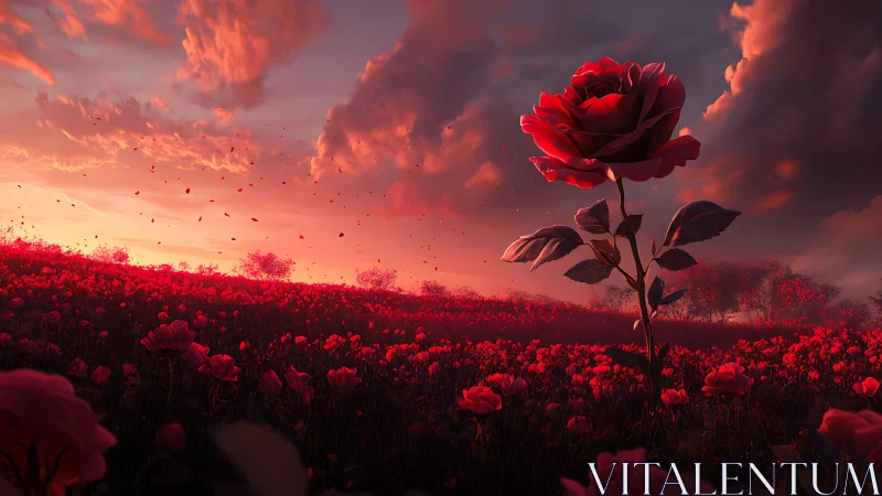 Red rose field under dramatic red and orange sunset sky.