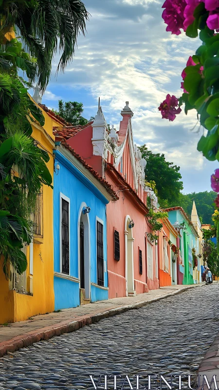 Colorful colonial hillside street under soft morning sky.