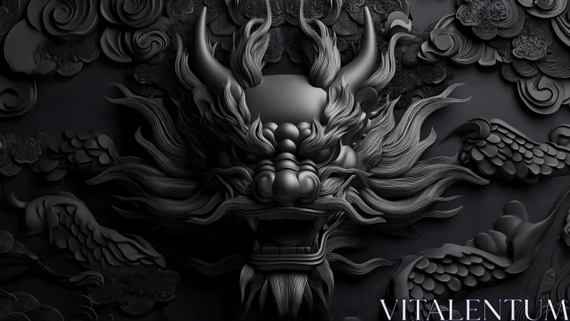 Monochrome dragon relief sculpture with flowing carved flames.