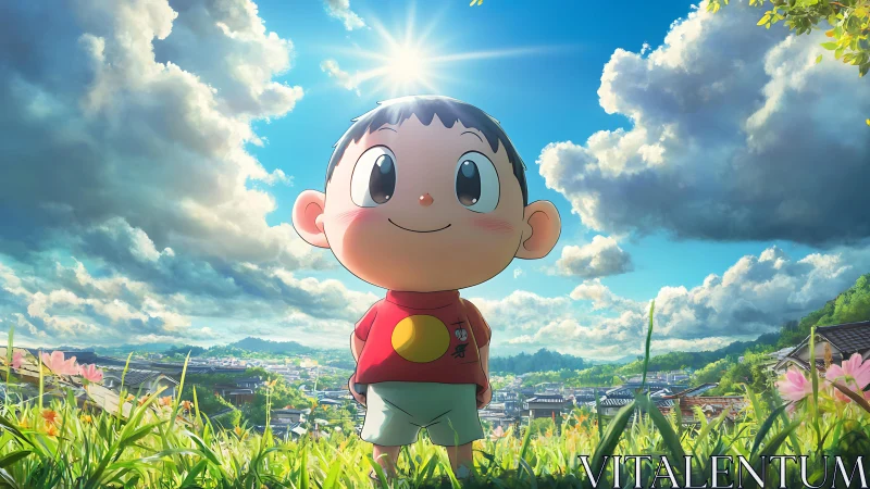 Sun-crowned village dreamer under festival-bright skies.