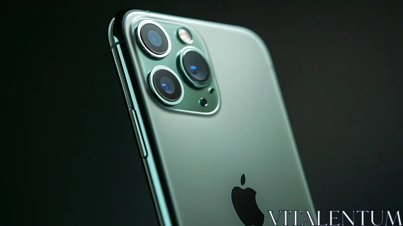 iPhone 11 Pro rear camera array in Midnight Green finish against dark background.