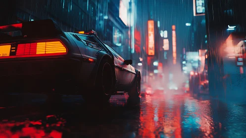 Retro sports car under neon rain in futuristic night city.