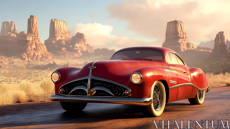 Sunny desert drive with a gleaming vintage red coupe.