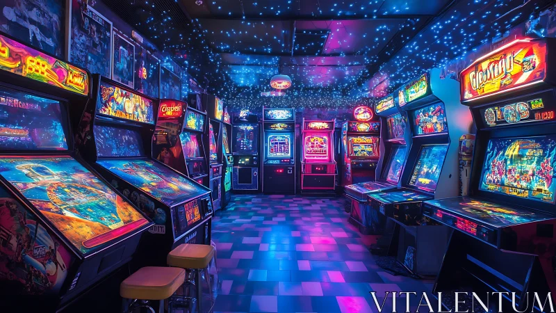 Retro neon arcade hall with glowing classic cabinets.