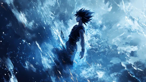 Aerial anime combatant in luminous hydrodynamic energy field.