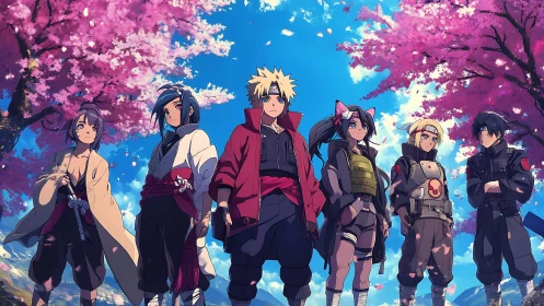 Anime ninja squad under sakura canopy in dynamic group pose