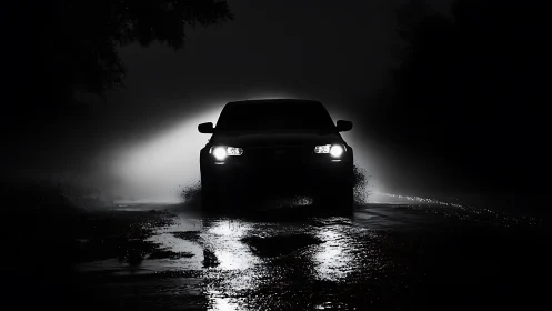 Headlights cut through the night as a lone car meets the rain