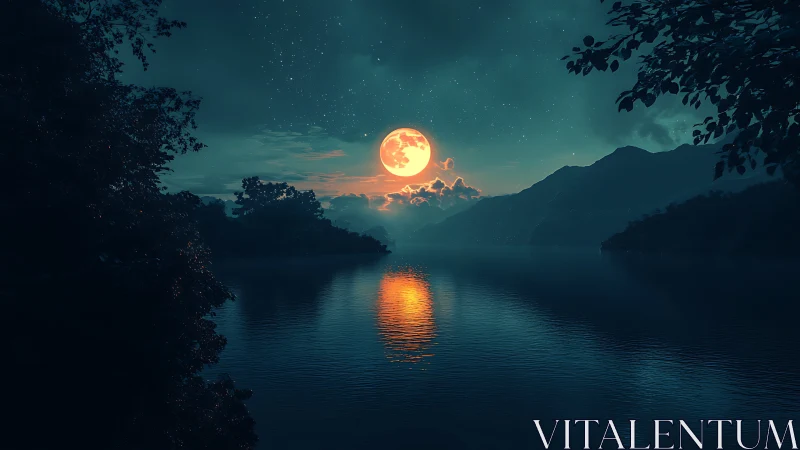 Full moon illuminates calm lake between dark forest hills