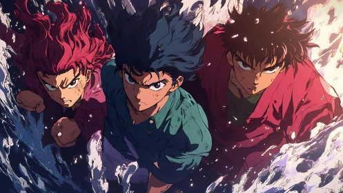 Anime trio charging through crashing ocean waves.