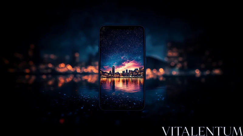 Smartphone display shows illuminated skyline over water