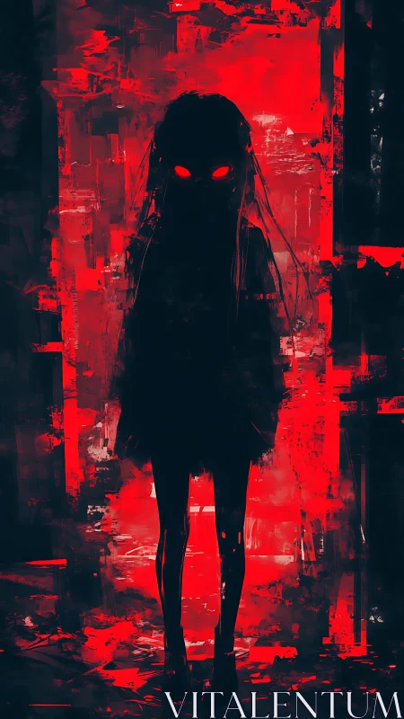 Digital painting of red-eyed shadow figure in abstract void.