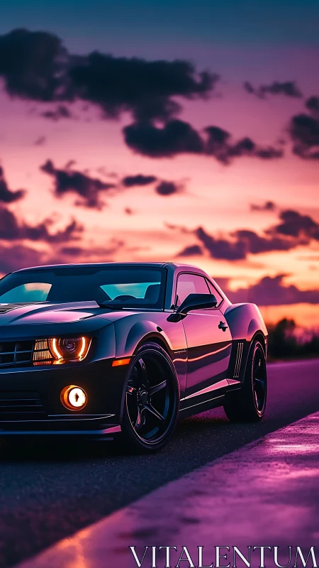 Dark sports coupe on wet road under vivid sunset sky.