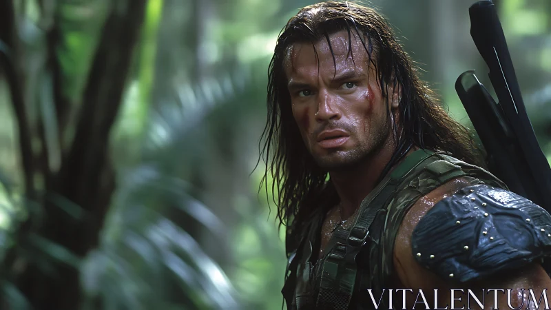 Battle worn jungle commando with tactical gear and rifle.