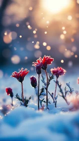 Backlit red wildflowers emerge through snow in soft bokeh glow