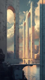 Sunlit skybridge arches rising above a quiet canyon river.