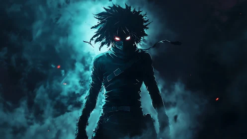 Nocturnal spectral combatant in cyan backlit volumetric fog.