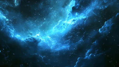 Stellar nebula clouds glow in deep blue cosmic void.