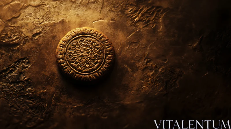 Ancient sunlit coin resting on weathered golden stone.