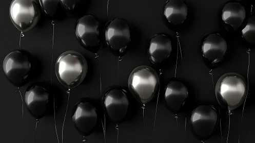 Elegant Black and Silver Balloons Floating Against Dark Space