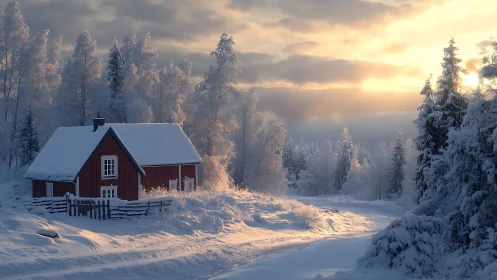 Photorealistic winter cabin with low-angle sunset illumination.