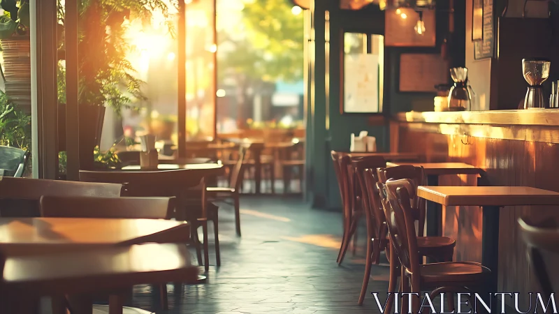 Sunlit empty café interior with wooden tables and chairs.