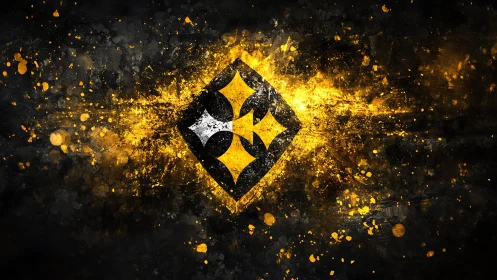 Abstract geometric diamond with gold splatter effect on black background.