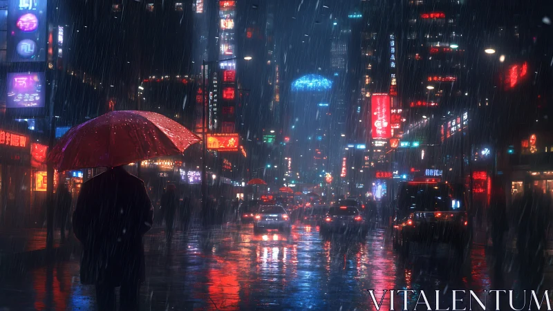 Lone figure under red umbrella in neon city rain at night.