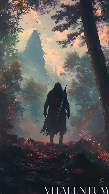 Cloaked wanderer standing in misty forest before peak.