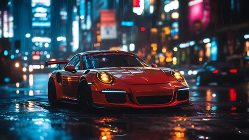 Crimson rain-runner prowling neon city streets at night.