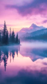 Mountain lake at sunrise with conifer silhouettes and mist.