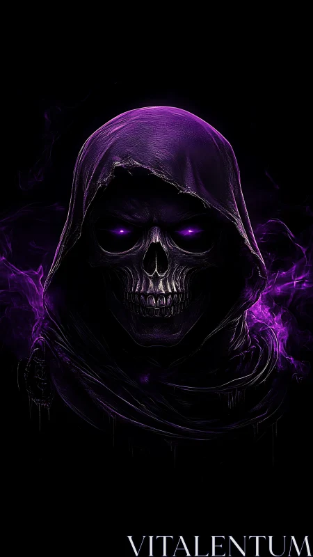 Hooded skull figure with purple glowing eyes is centrally framed