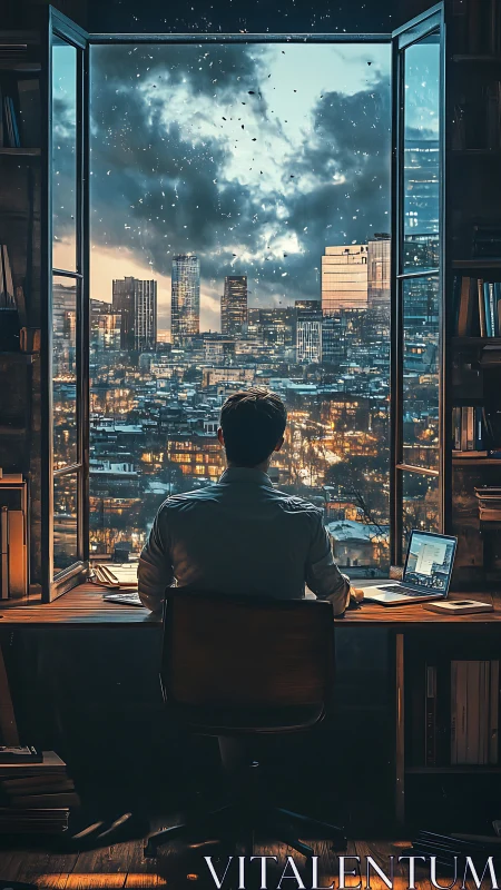 Solitary night workspace overlooks a storm-lit modern cityscape