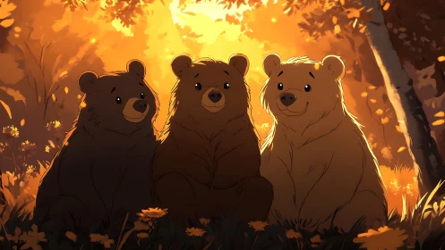 Golden forest trio of friendly bears sharing quiet sunshine.