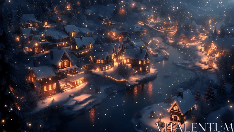 Snowlit riverside village wrapped in golden winter glow.