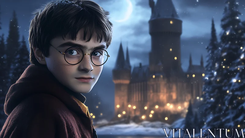 Young wizard portrait before snowy moonlit castle.