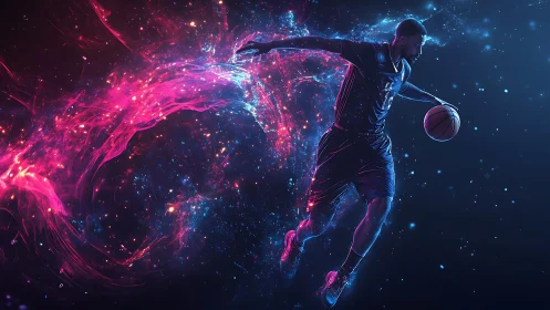 Dynamic basketball dribble rendered with neon particle motion field