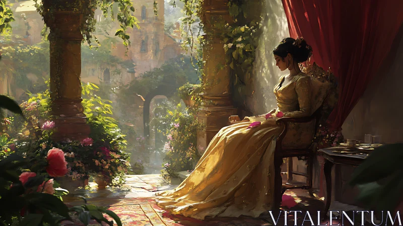 Sunlit terrace portrait of seated noblewoman in gold gown