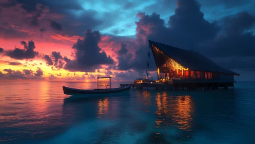 Overwater sunset villa with traditional boat and glowing interior