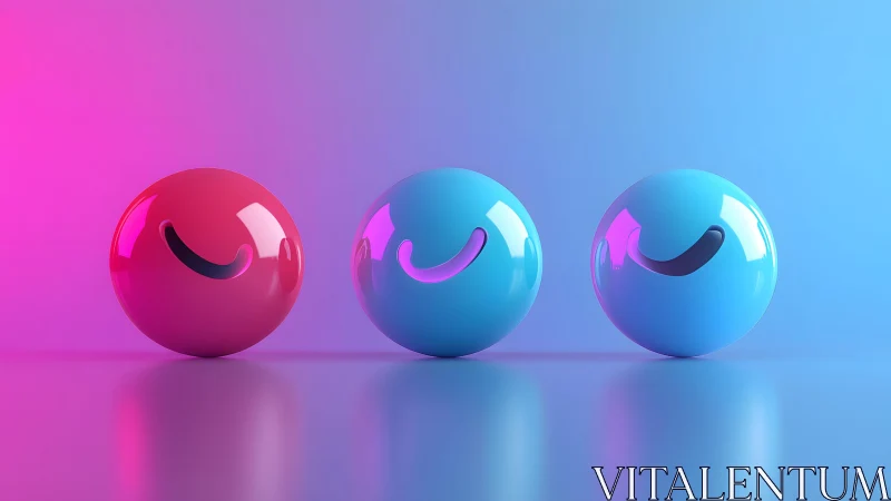 Three Glossy Smiling Spheres on Gradient Neon Background.