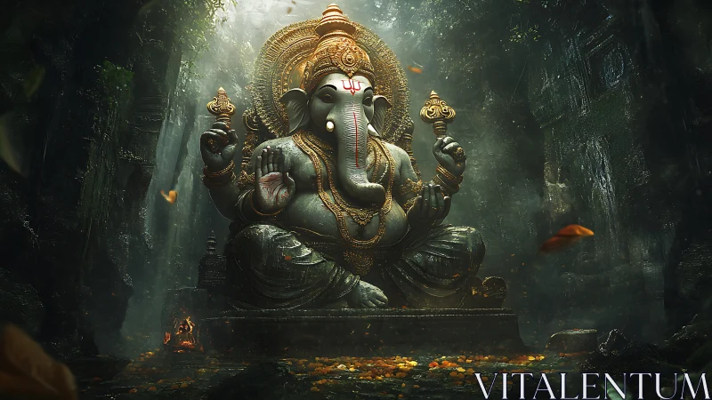 Serene Ganesha statue rests in a misty, overgrown temple